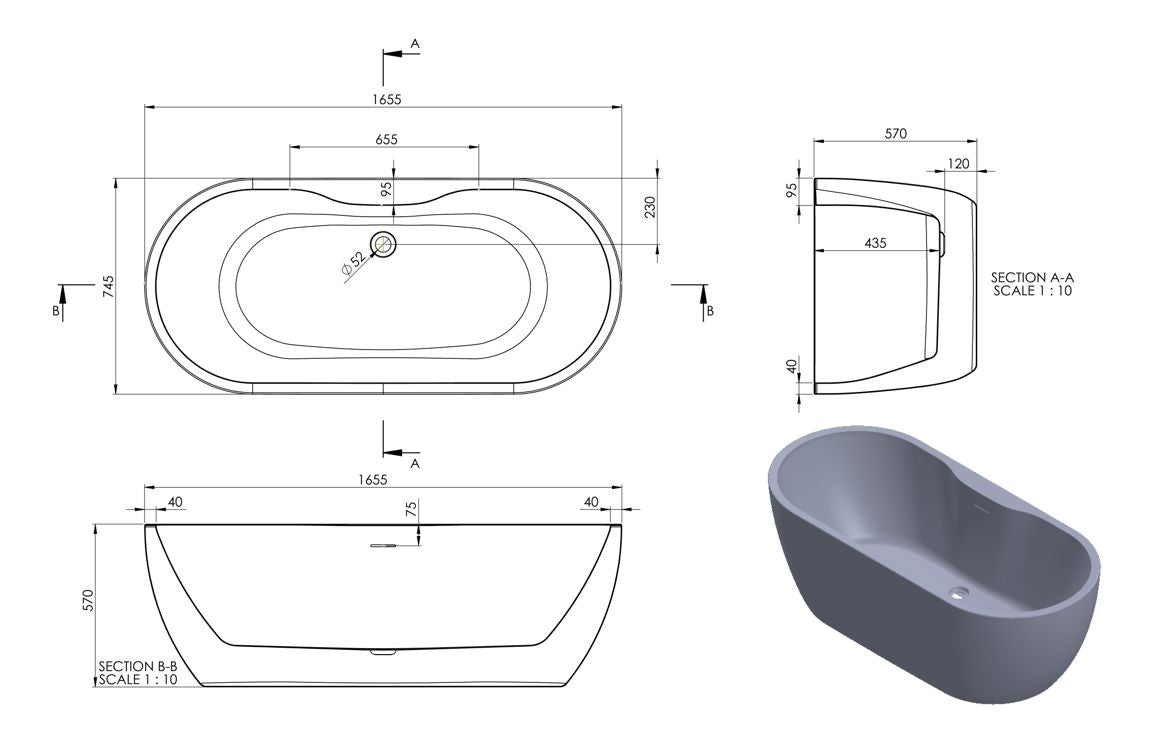 Freestanding Bath – 1650x745x580mm | Gloss White
