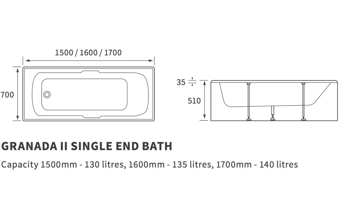Portland Single End Twin Grip Textured Base 8mm 1700x700x510mm 2TH Bath