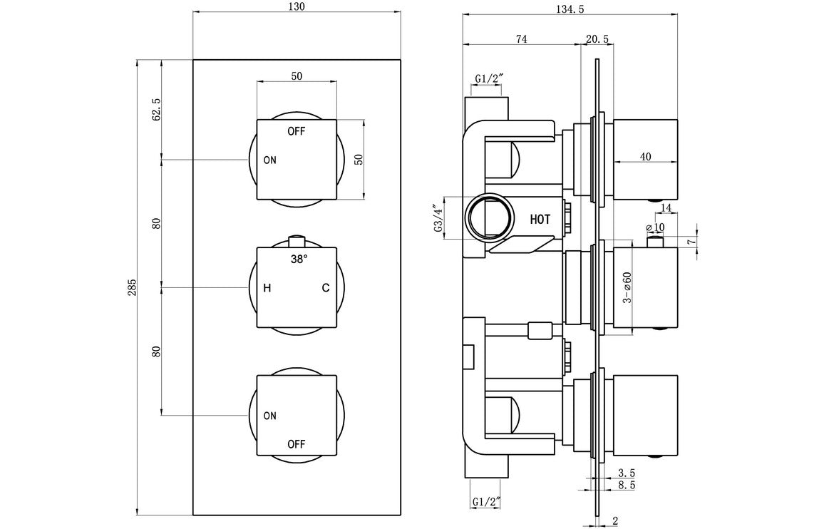 Shower Pack Concealed - Two Outlet Triple Shower Valve w/Riser & Overhead Kit - Chrome