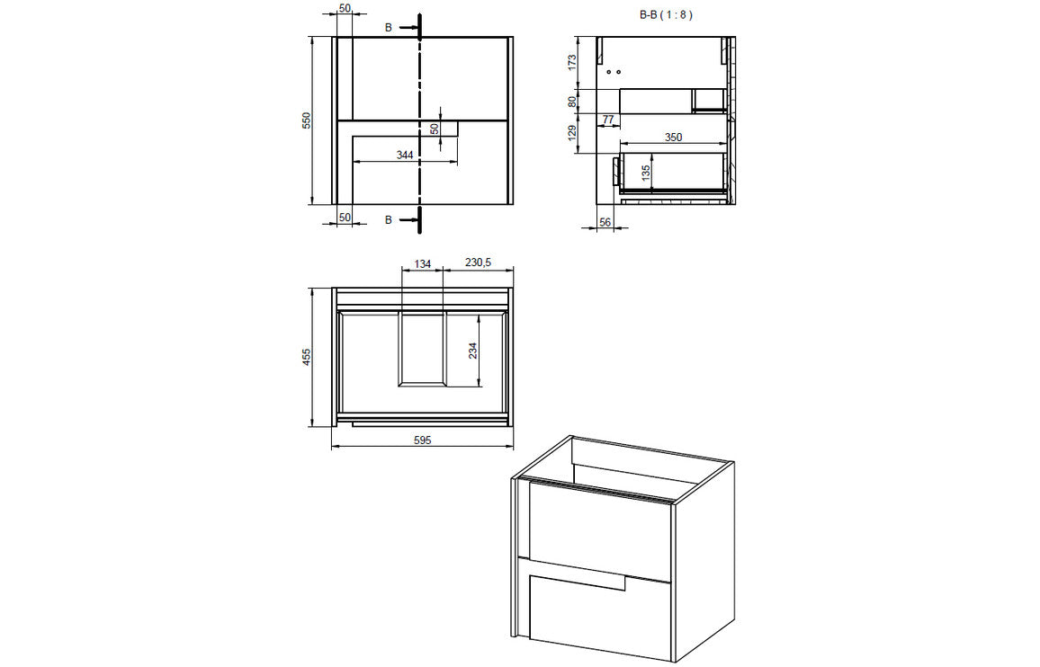 Contrast 605mm Wall Hung 2 Drawer Basin Unit & Co-ordinating Basin - Matt Cotton & Oak Effect