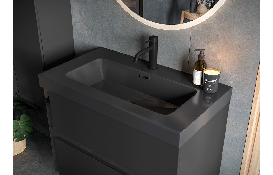 Contrast 615mm Wall Hung 2 Drawer Basin Unit & White Basin - Matt Black & Glass