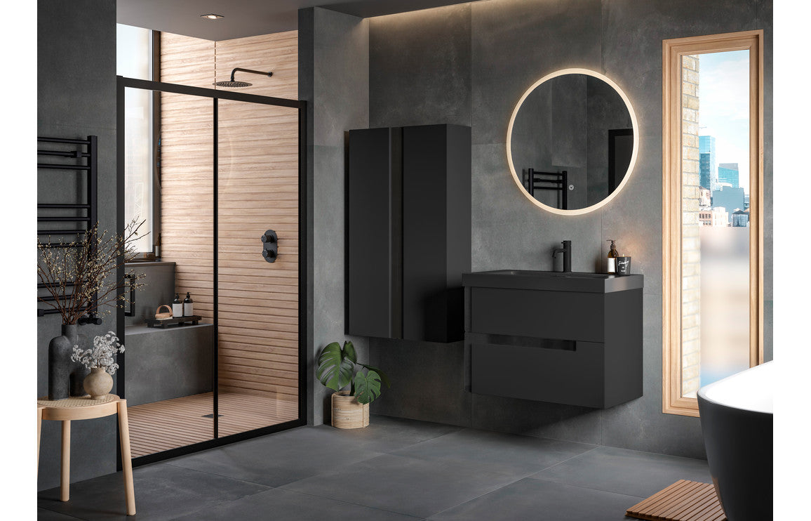 Contrast 605mm Wall Hung 2 Drawer Basin Unit & Co-ordinating Basin - Matt Black & Glass