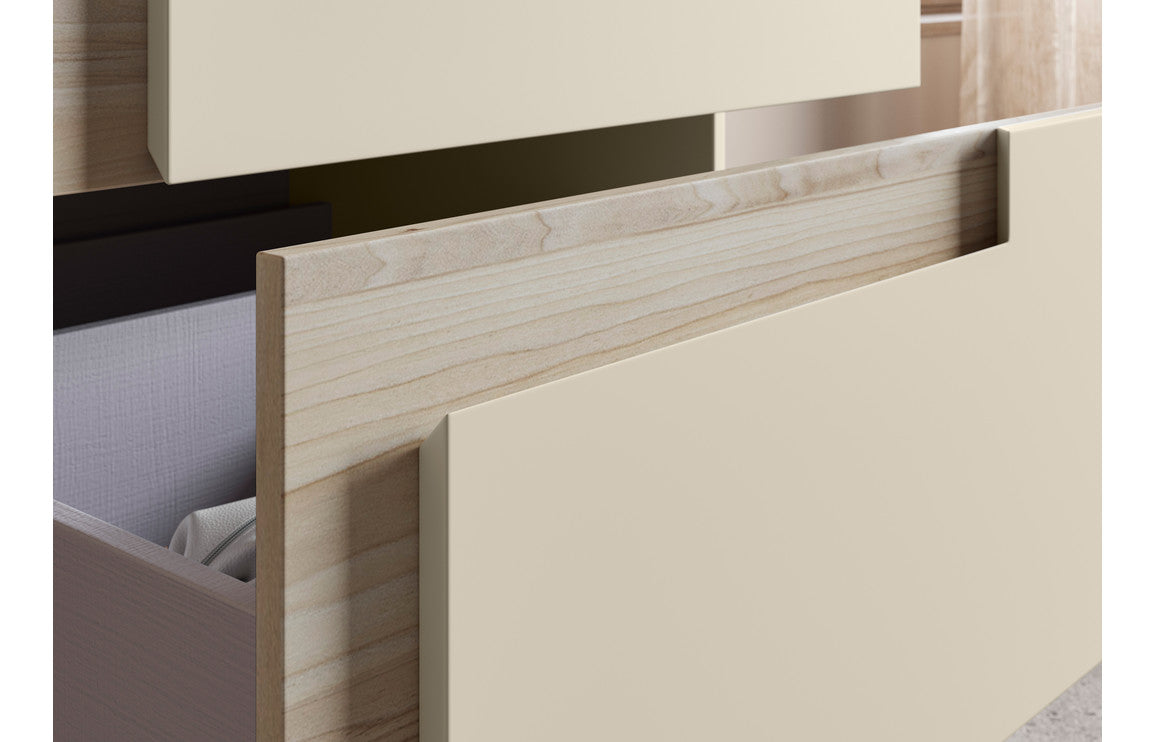 Contrast 615mm Wall Hung 2 Drawer Basin Unit & White Basin - Matt Cotton & Oak Effect