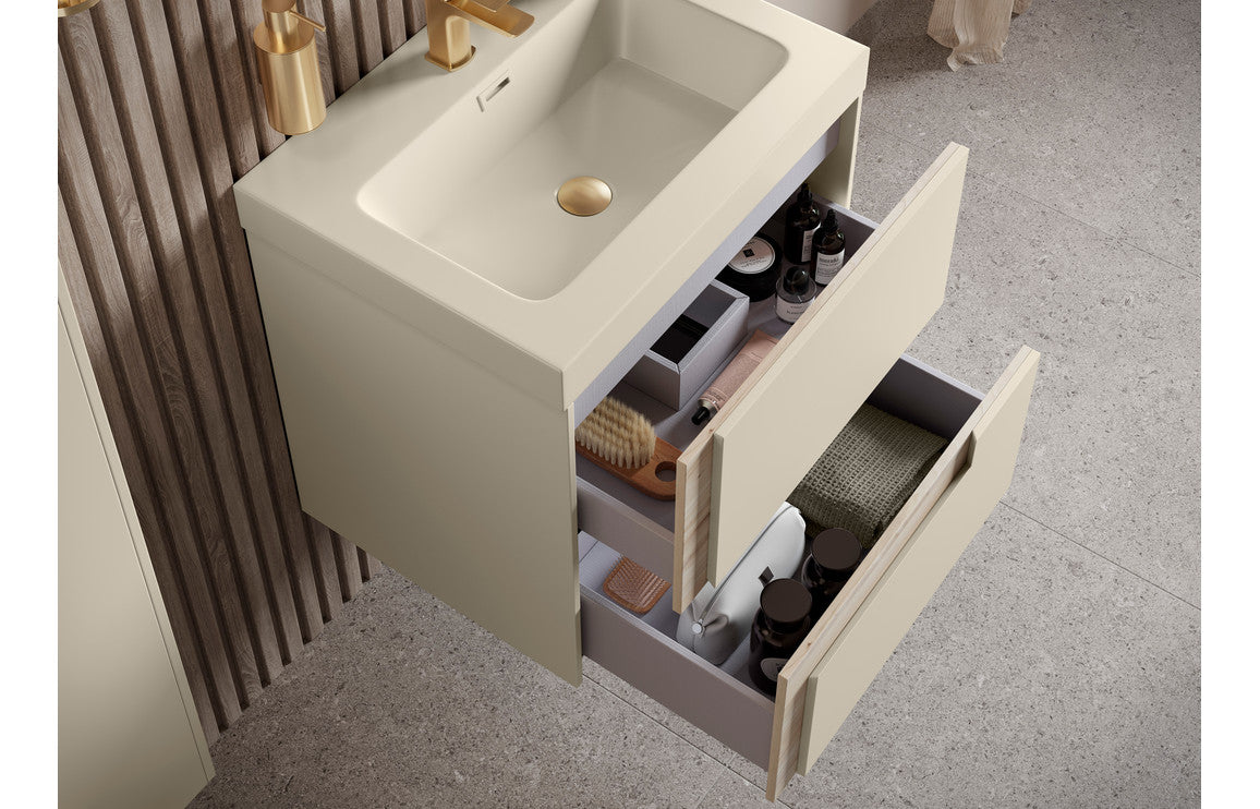 Contrast 615mm Wall Hung 2 Drawer Basin Unit & White Basin - Matt Cotton & Oak Effect