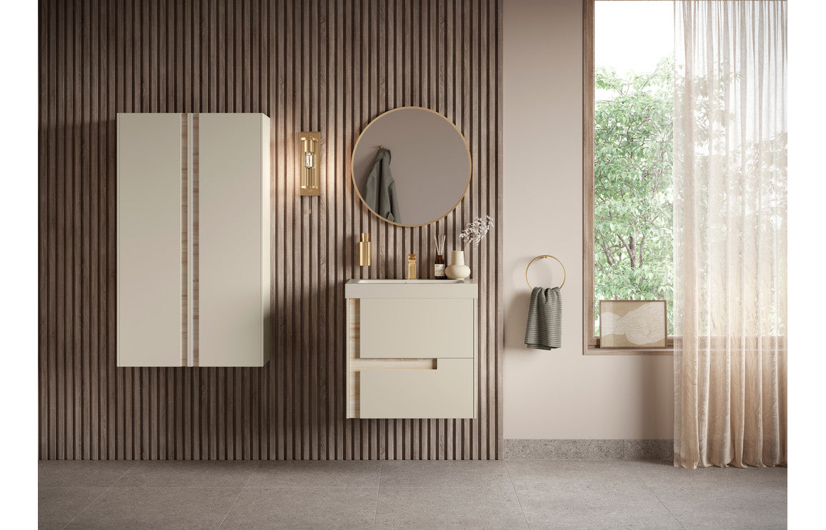 Contrast 605mm Wall Hung 2 Drawer Basin Unit & Co-ordinating Basin - Matt Cotton & Oak Effect