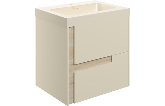 Contrast 605mm Wall Hung 2 Drawer Basin Unit & Co-ordinating Basin - Matt Cotton & Oak Effect