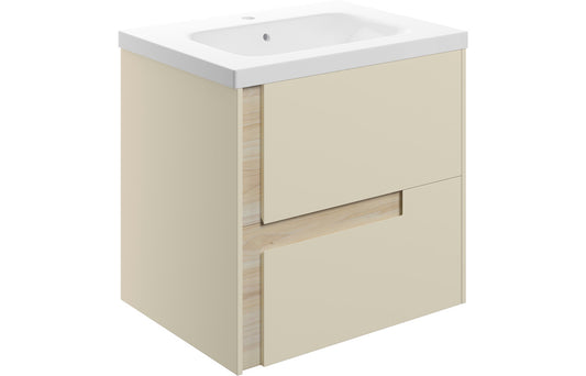 Contrast 615mm Wall Hung 2 Drawer Basin Unit & White Basin - Matt Cotton & Oak Effect