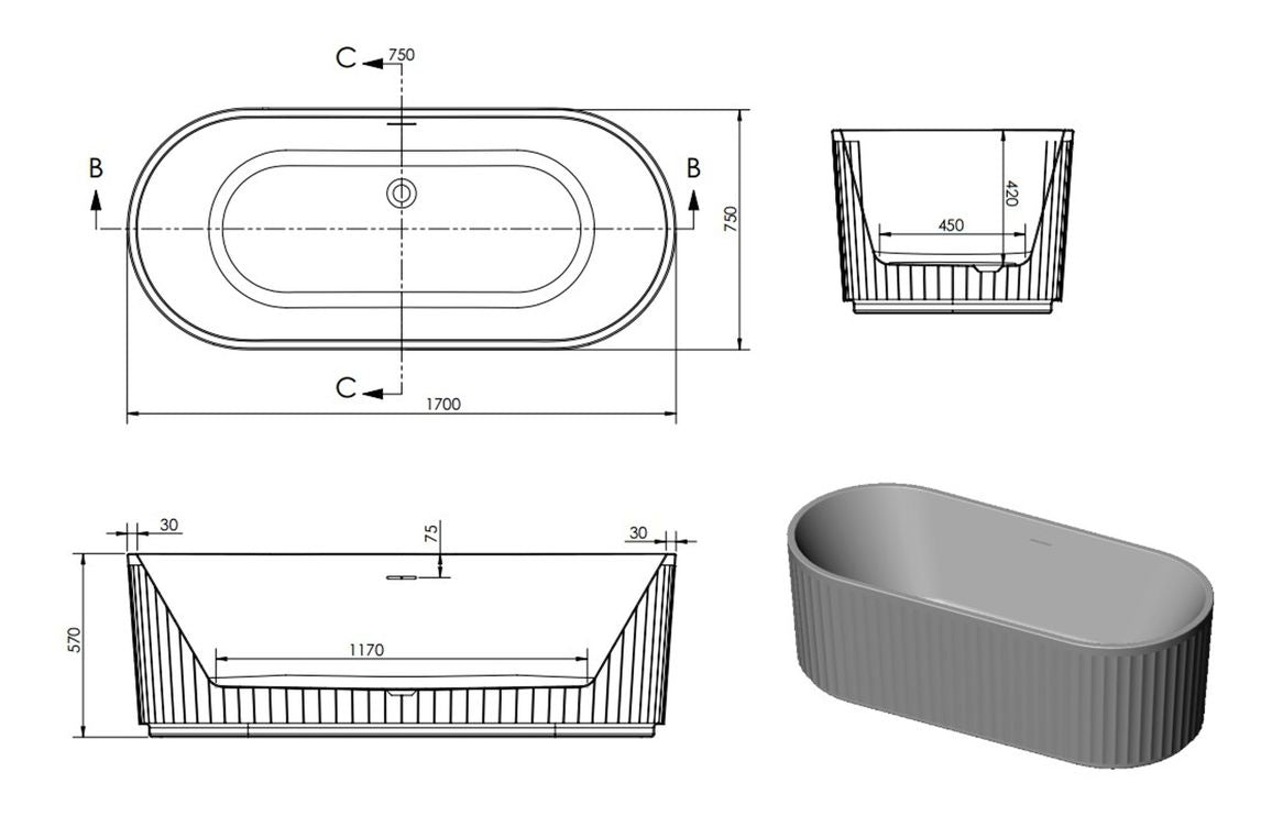 Striata Fluted Freestanding 1700x750x570mm 0TH Bath