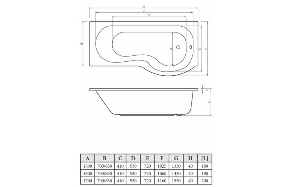 P-Shape Shower Bath, Panel & Screen