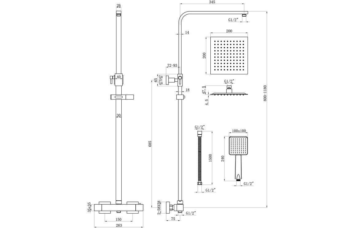 Square Thermostatic Bar Mixer w/Riser Kit - Chrome