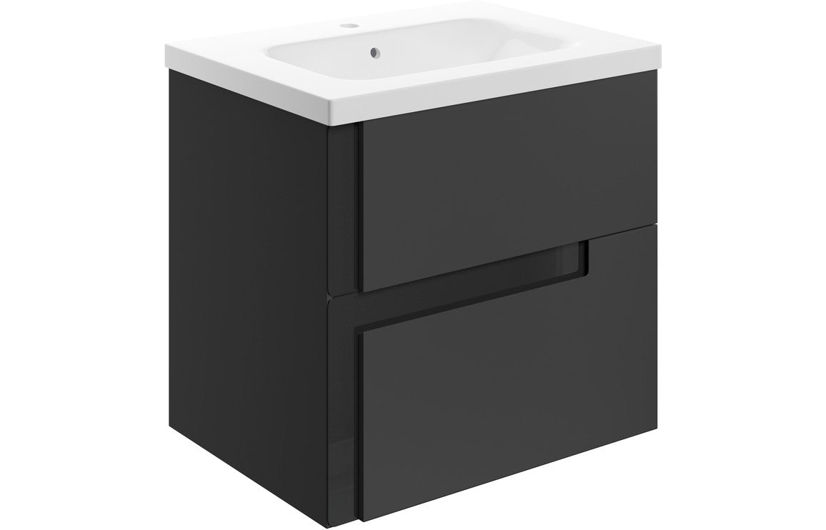 Contrast 615mm Wall Hung 2 Drawer Basin Unit & White Basin - Matt Black & Glass