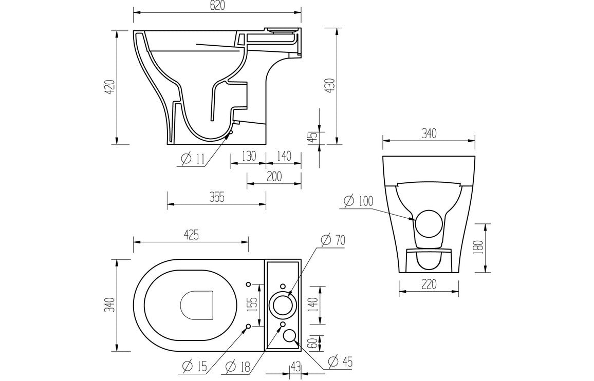 Lily Rimless Short Projection Close Coupled Open Back WC & Soft Close Seat