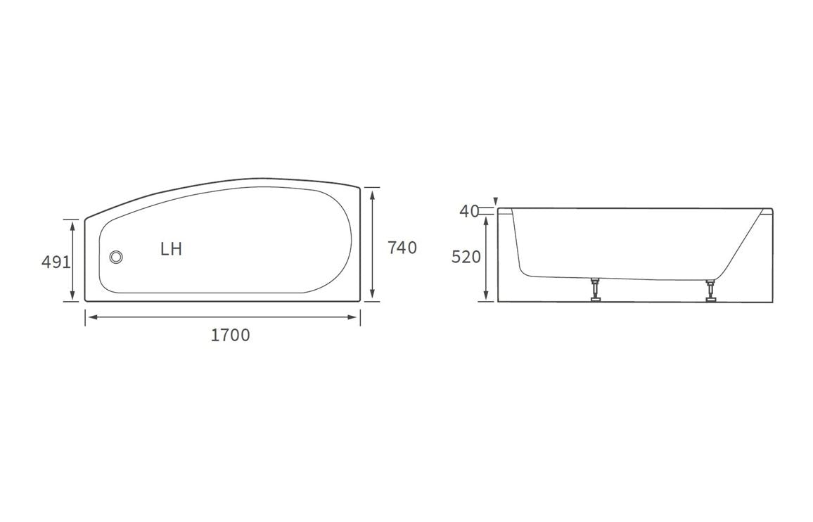 Space Saving 1700x740x560mm 0TH Bath w/Legs