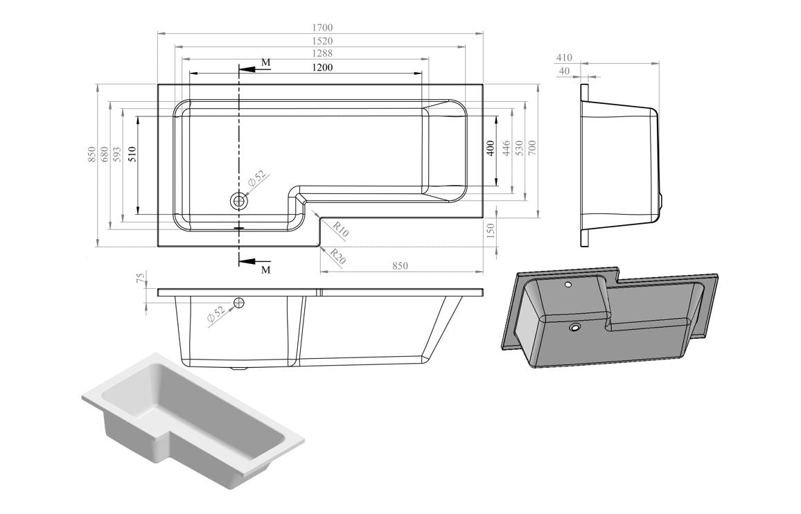 L-Shape Shower Bath, Panel & Screen