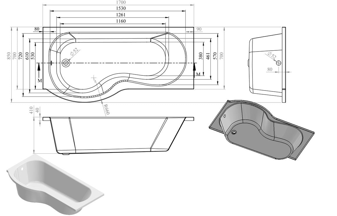 P-Shape Shower Bath, Panel & Screen